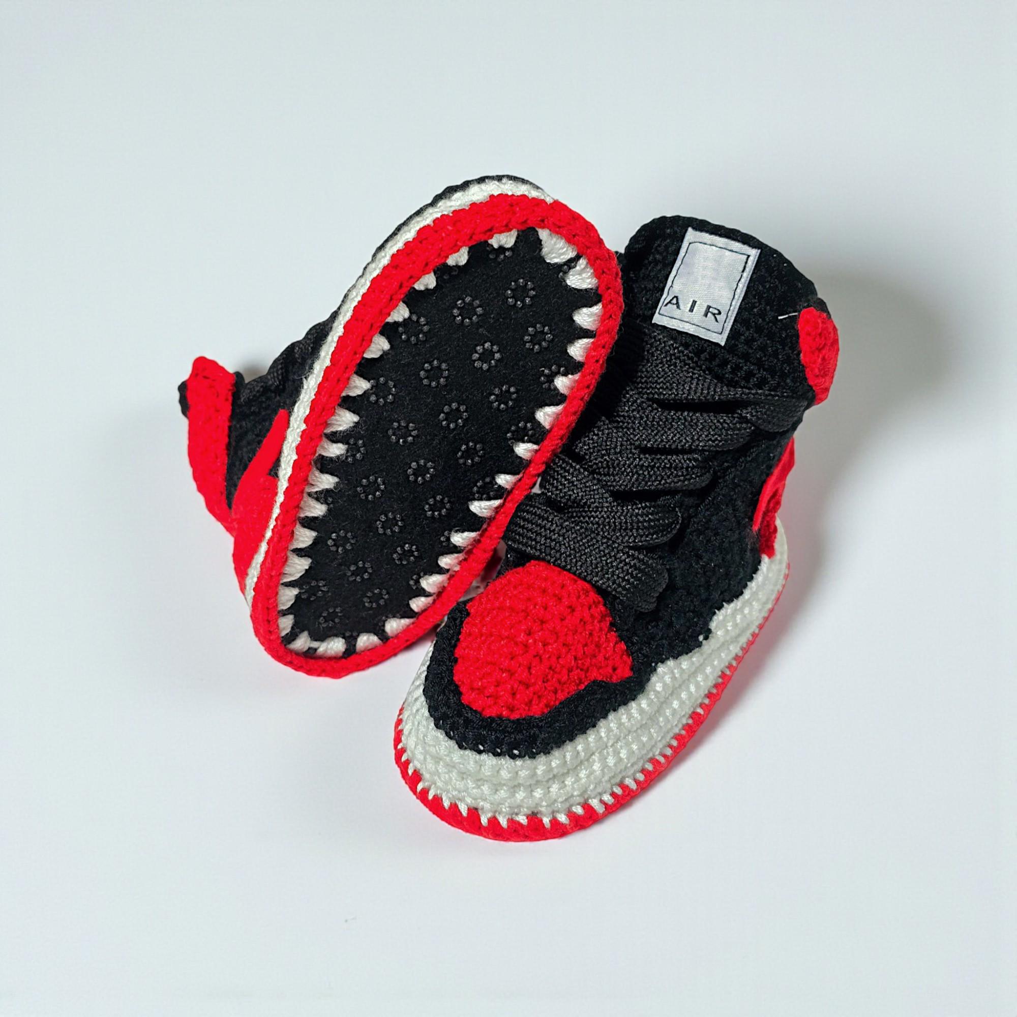 Red and Black Custom Crochet Baby Jordan Sneaker Booties – Soft-Sole Edition, close-up yarn and stitch detail by By Seay