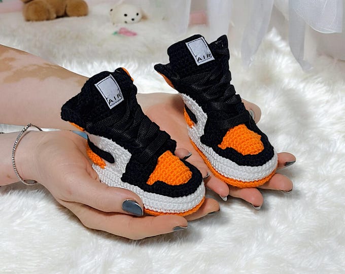 Baby Jordan-style  Orange Booties - Handmade Newborn Basketball Shoes