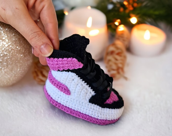 Jordan Style Crochet Purple Baby Sneakers Booties | Cotton Newborn Girl Gift | Modern Baby Shower | Gender Reveal Gift | Basketball Outfit