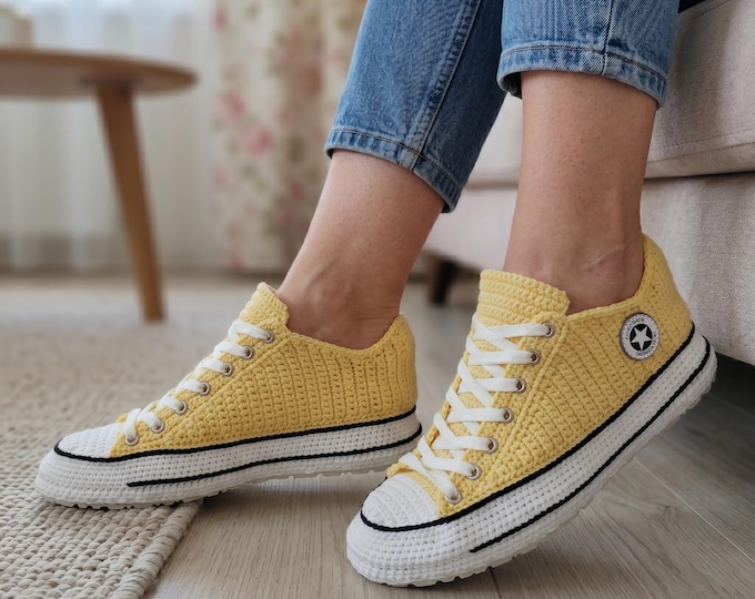 Yellow Crochet Sneaker Slippers Adults, Handmade Lace-Up House Shoes, Non-Slip Rubber Sole, Unisex Knitted Canvas Style Booties Cozy Gift