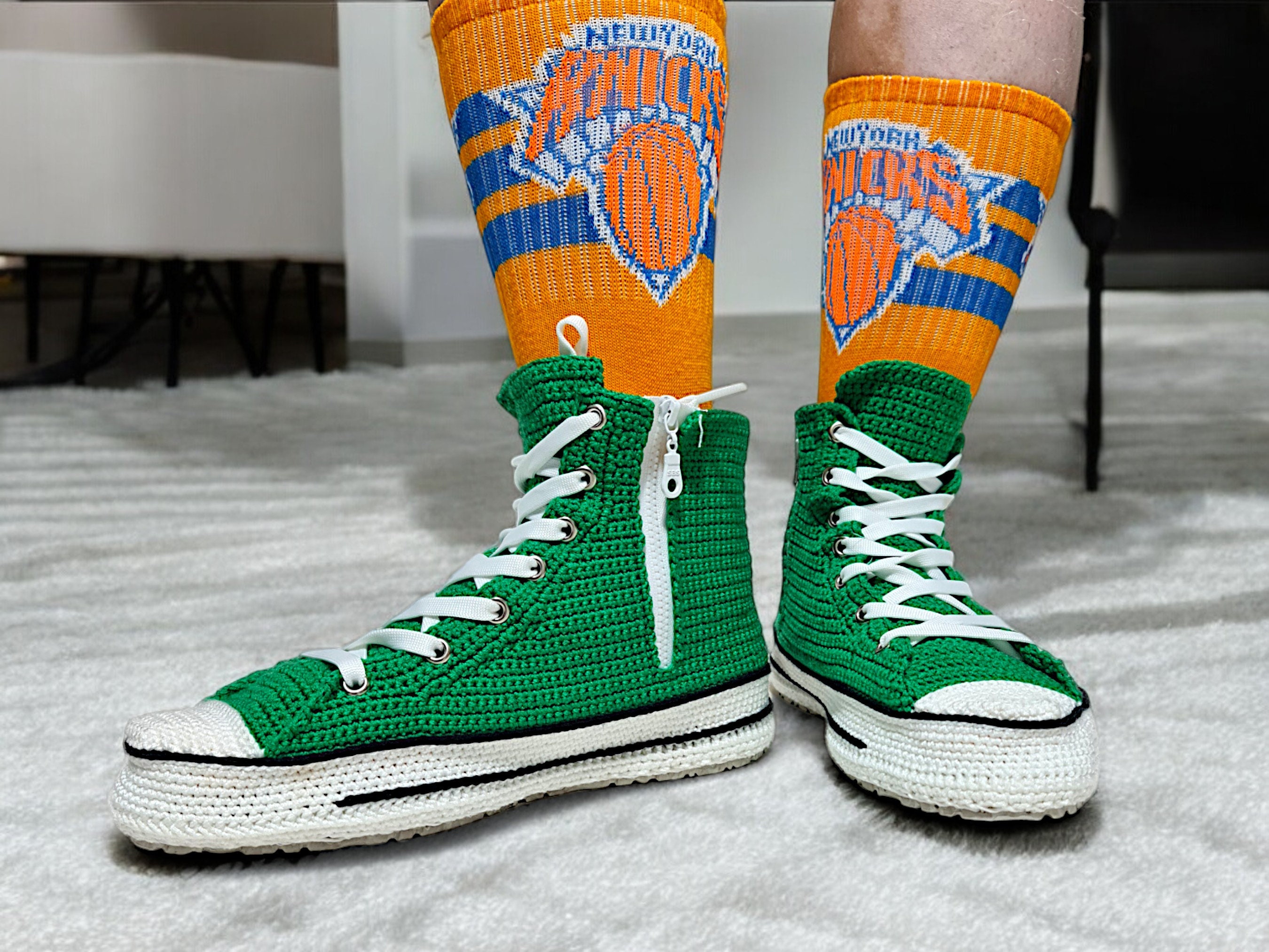 Crochet Green Converse Style Sneakers Slippers Men and Women Customizable Knitted Shoes Non Slip Sole Eco Friendly Indoor Outdoor