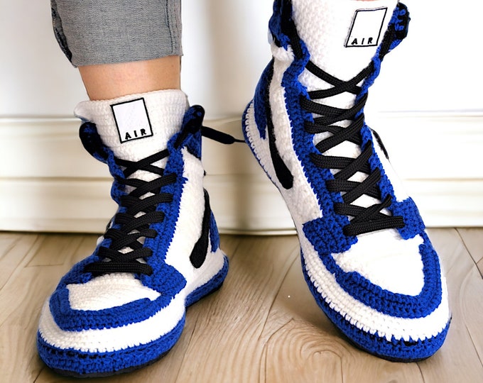 Handmade Jordan-Style Blue Retro Sneaker Slippers - Cozy Wool Indoor Shoes - Men and Women Slip-on Basketball Sneakers
