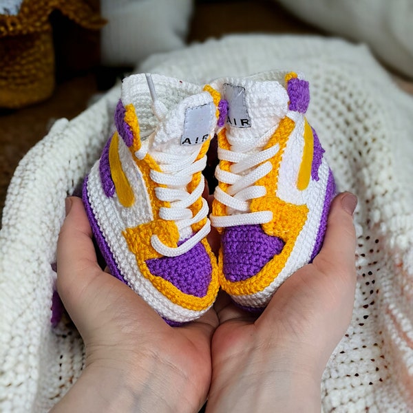 Baby Jordan-Style Booties, LA Basketball Team Colors Baby Sneakers, Soft Organic Crochet Newborn Booties, Baby Girl/Boy Custom Outfit Gift