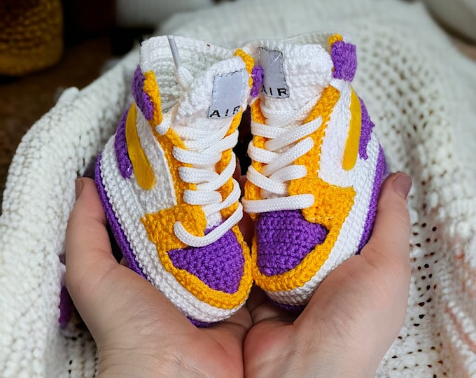 LA Basketball Team Colors Baby Booties - Custom Organic Crochet Sneakers for Newborn Gift - 0-12 Month Gender Neutral Basketball Baby Gift