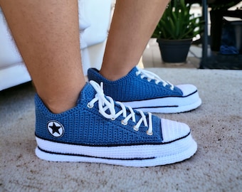 Navy Blue Crochet Sneakers, Handmade Knit Shoes, Custom Womens and