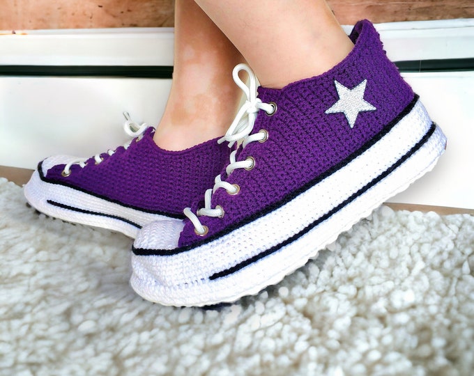 Purple Crochet Sneakers Slippers, Custom Knitted Indoor House Shoes, Wool Ballet Ladies Canvas, Cozy Ladies Boots, Soft Comfort Unisex Socks