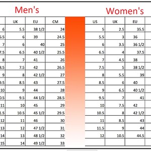 May include: A chart showing shoe size conversions for men and women. The chart includes US, UK, EU, and CM sizes.