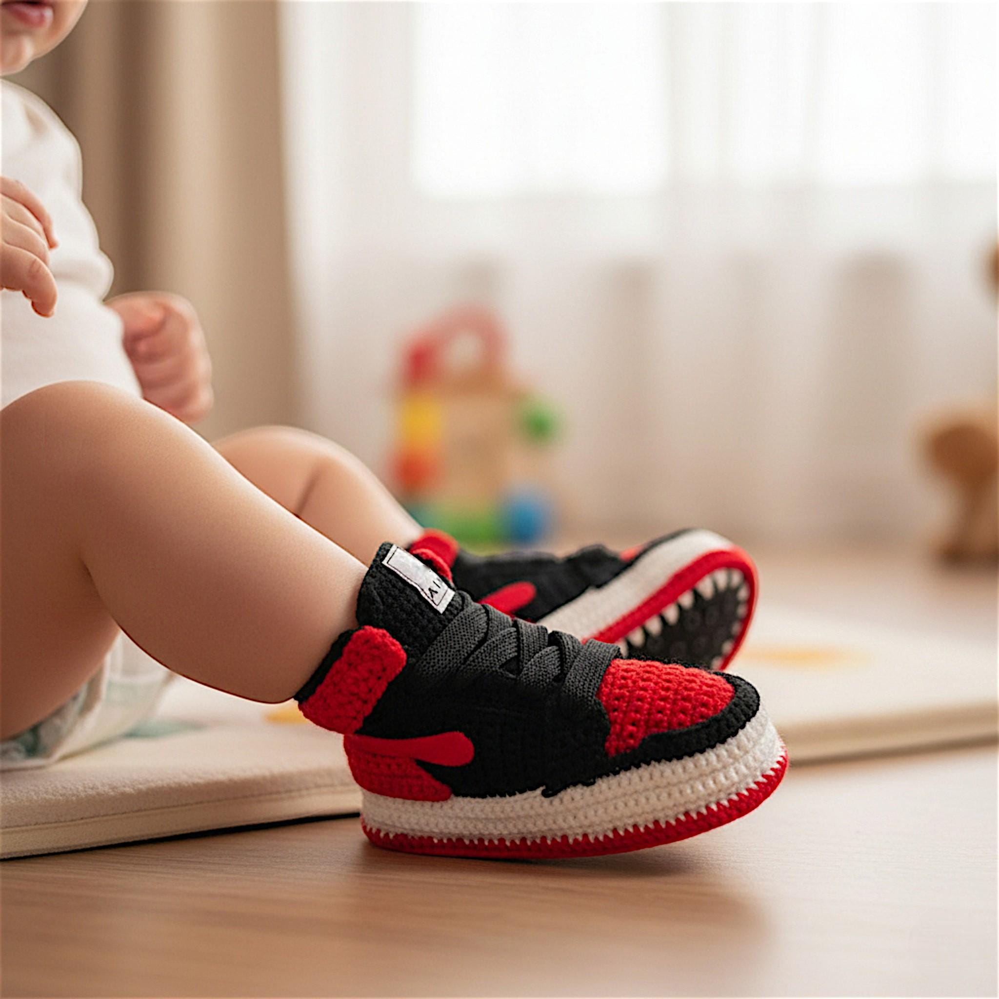 Red and Black Custom Crochet Baby Jordan Sneaker Booties – Soft-Sole Edition, side profile and crochet construction by By Seay