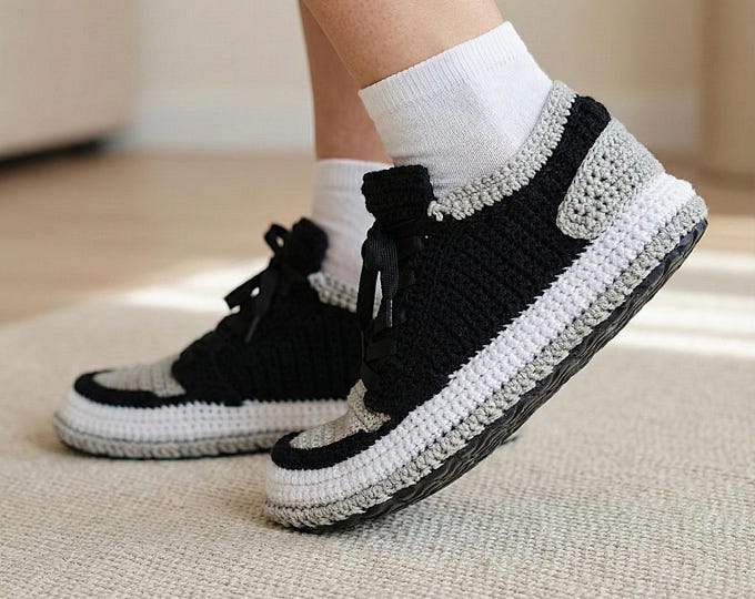 Handmade Crochet Sneaker Slippers for Adults, Jordan Style Knit Indoor Shoes, Unisex Basketball Inspired House Slippers