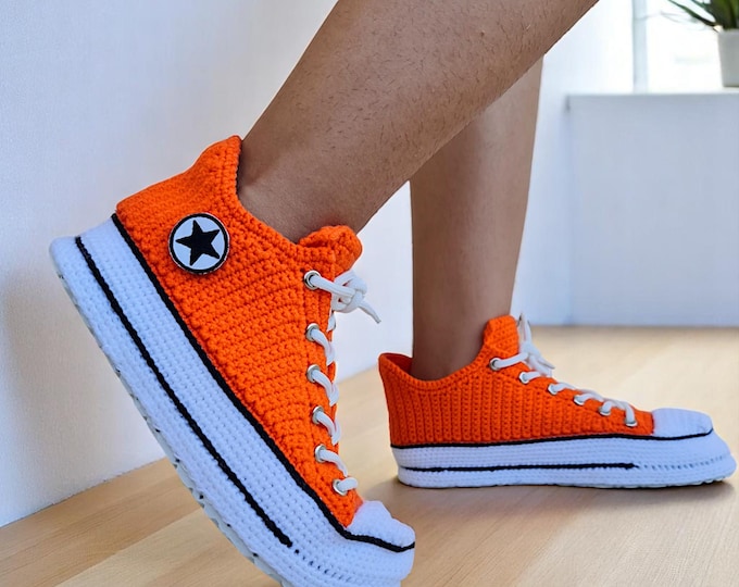 Handmade crochet high-top orange sneaker slippers for men and women
