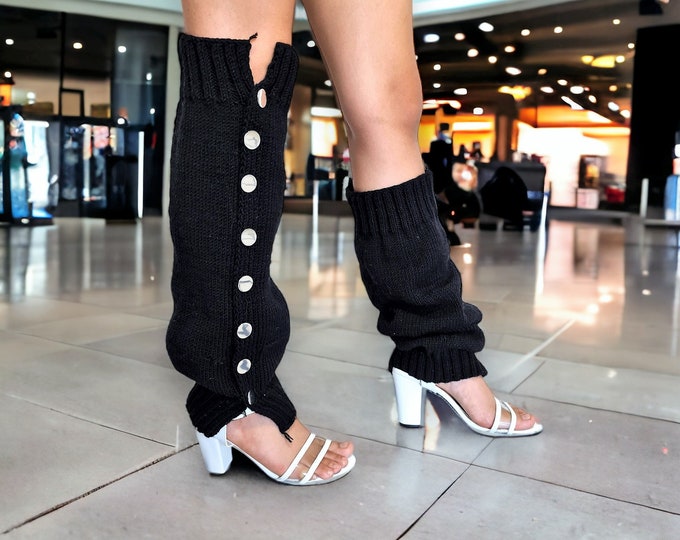 Black Crochet Leg Warmers, Knee-Length Wool Socks Silver-Plated Buttons, Sporty Elegant Young Girls Adult Women, Warm Winter, Chic Summer