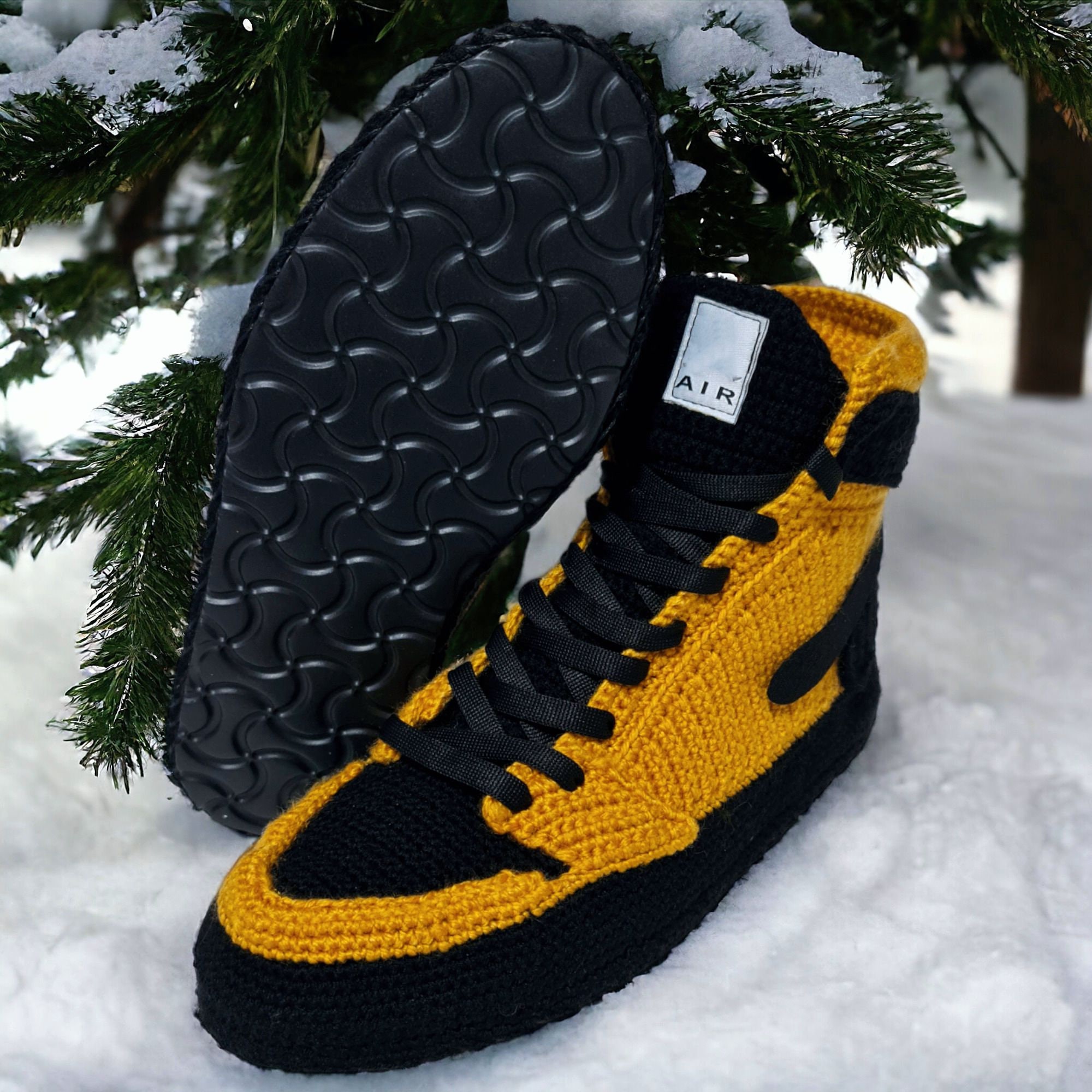 Custom Crochet Basketball Sneaker Slippers – Custom Edition, alternate angle and handmade details by By Seay
