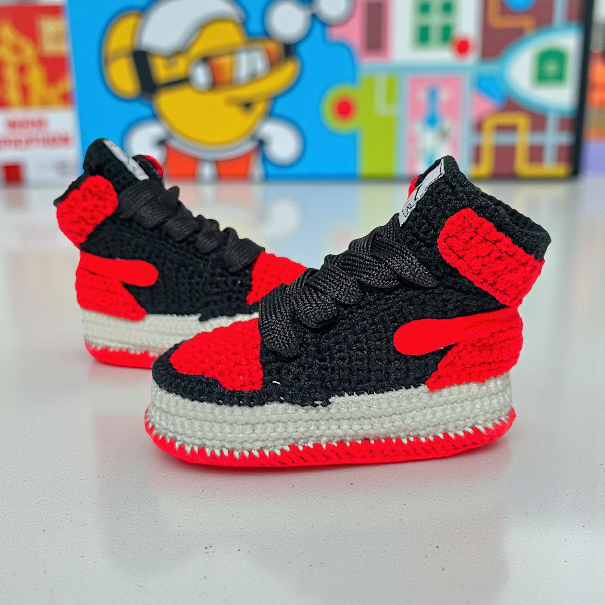 Red and Black Custom Crochet Baby Jordan Sneaker Booties – Soft-Sole Edition, sole, shape and finishing detail by By Seay