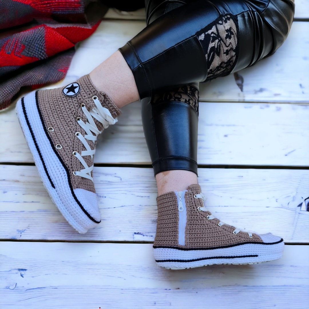 Brown Crochet Custom Sneakers Style Slippers - Comfortable Indoor Shoes ...
