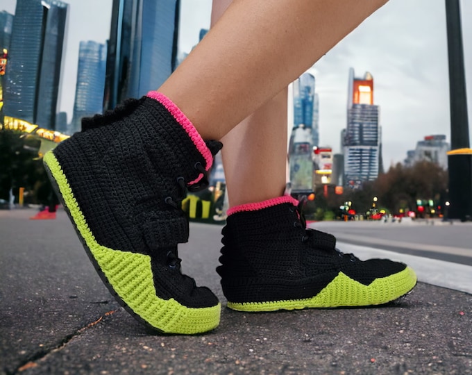 Custom Crochet Kicks Sneakers, Snug Slippers, Unisex Plush Knitted Socks, Hip Hop Streetwear Shoes, Sneakerhead Hypebeast Outfit, Music Gift