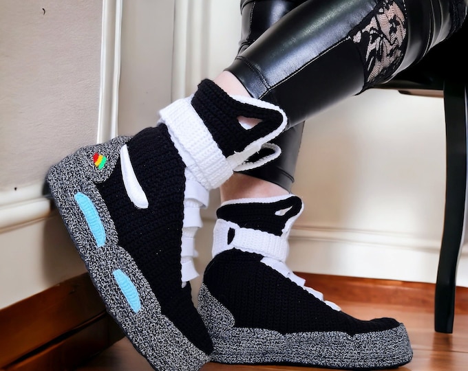 Black Air Mag Sneakers Slippers, Back to the Future Shoes, Marty McFly Sneaker, Crochet Knitted Plush Booties, Custom Cosplay BTTF Shoes