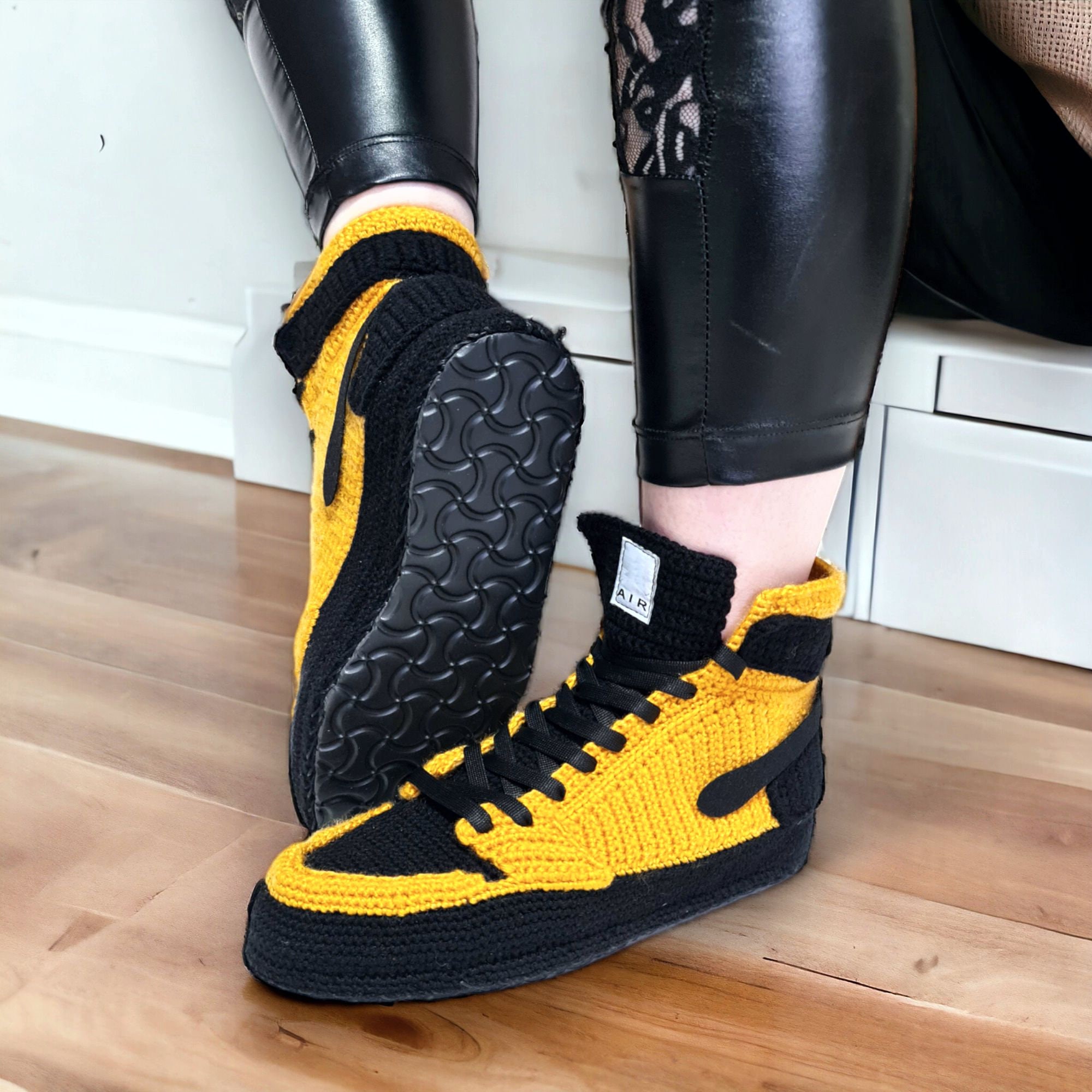 Custom Crochet Basketball Sneaker Slippers – Custom Edition, close-up yarn and stitch detail by By Seay
