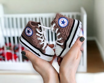 Brown High-Top Crochet Baby Sneakers - Soft Yarn Infant Booties - Customizable Cozy Shoes, Newborns and Toddlers - Custom Crochet Baby Shoes