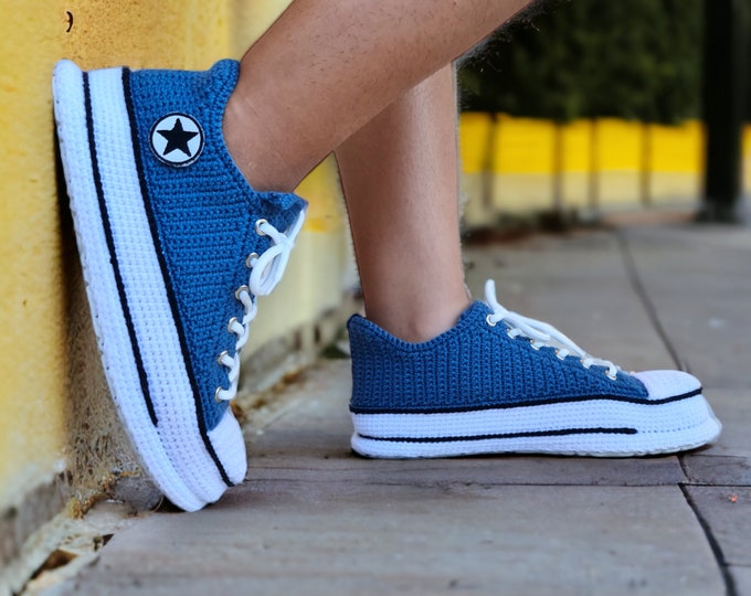 Navy Blue Crochet Sneakers, Handmade Knit Shoes, Custom Womens and Mens Gift, Cozy Canvas Slipper Booties, Perfect Present for Any Occasion