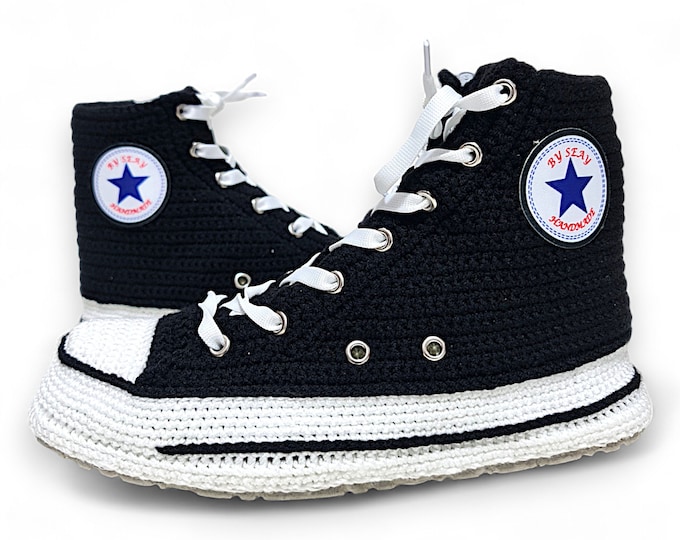 High Top Converse-Style Knitted Sneaker Slippers, Zipper Design, Breathable Socks, Non-slip EVA Sole, Black Plush Booties, Gift For Him/Her