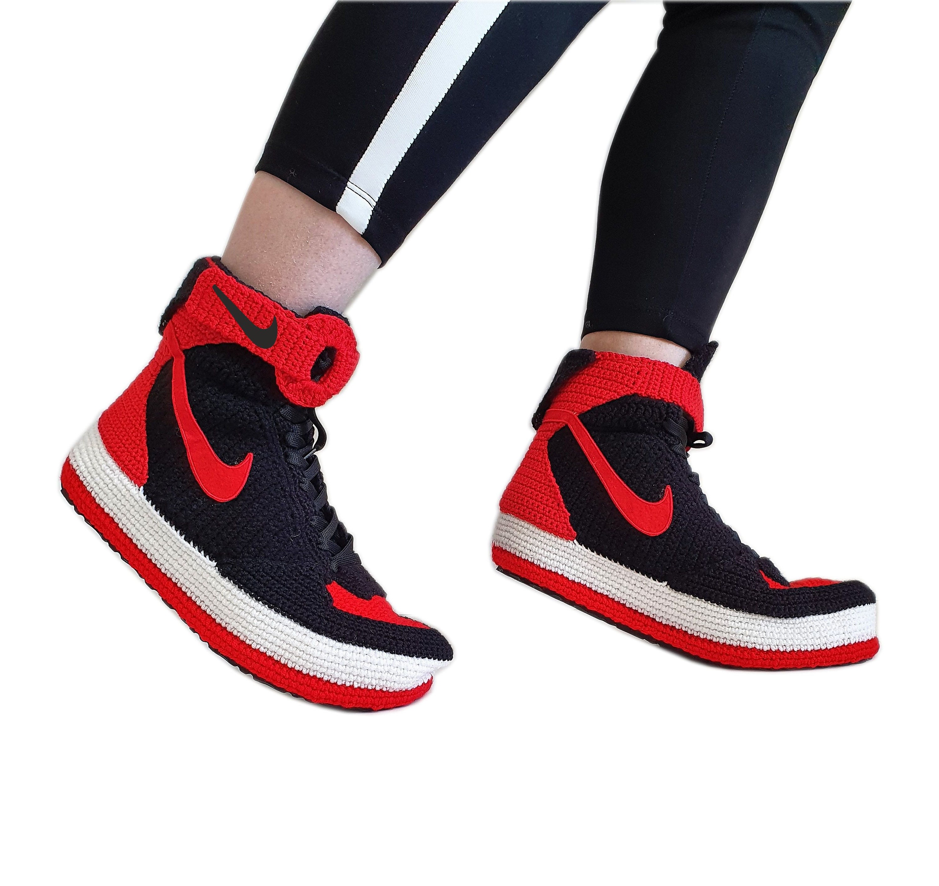 Air Force 1 High Top Red and Black Crochet Style Sneakers Etsy