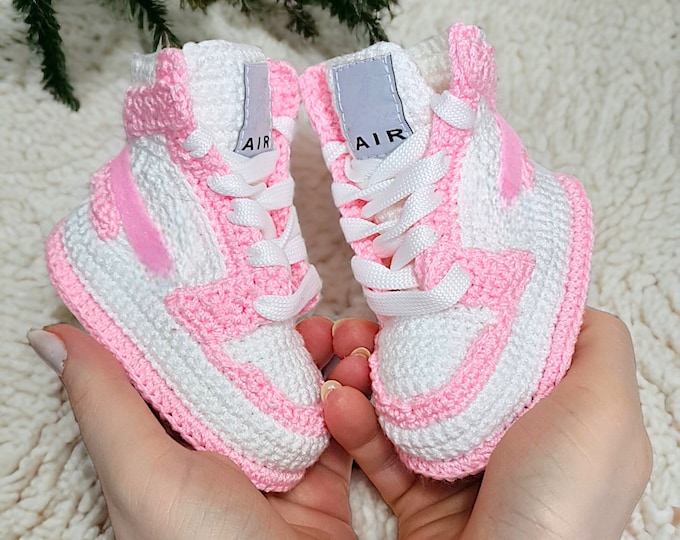 Crochet Baby Girl Jordan-Style Sneakers Booties | Wool Yarn | Gender Reveal Gift | Basketball Baby Shoes