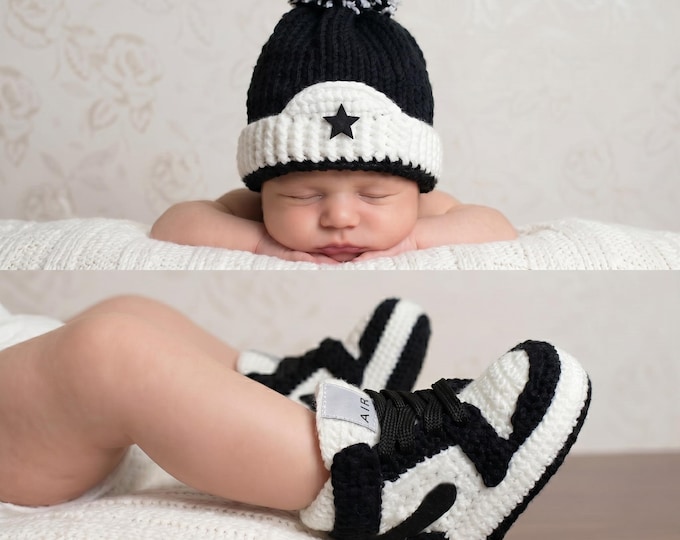 Crochet Baby Jordan Sneaker Booties Matching Hat, Newborn Gift Set, Hospital Outfit, Soft Sole Shoes, Modern Sporty Photo Prop Clothes