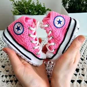 Girl Baby Crochet Pink Converse-Style Sneakers Booties, Newborn Gift for Girls, 0-3 Months, 3-6 Months, 6-9 Months, 9-12 Months, Crib Shoes