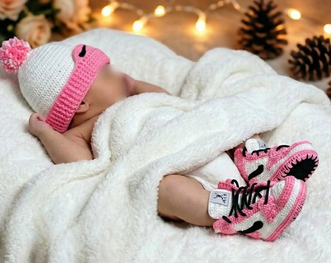 Newborn Baby Gift Set - Pink Jordan Sneakers & Beanie - Chic Baby Girl First Birthday Outfit - Crochet Basketball Fan Set