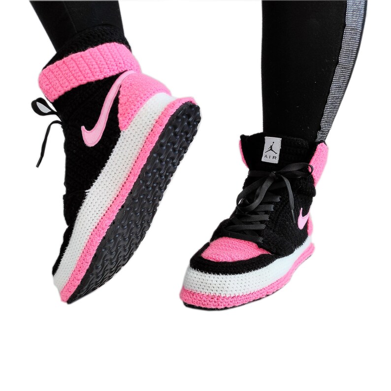 Air Jordan 1 Mid Black Pink Crochet House Slippers Knitting Etsy