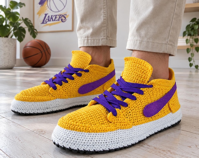 Kobe Inspired Crochet Slippers, Purple Gold Los Angeles Sneaker House Shoes