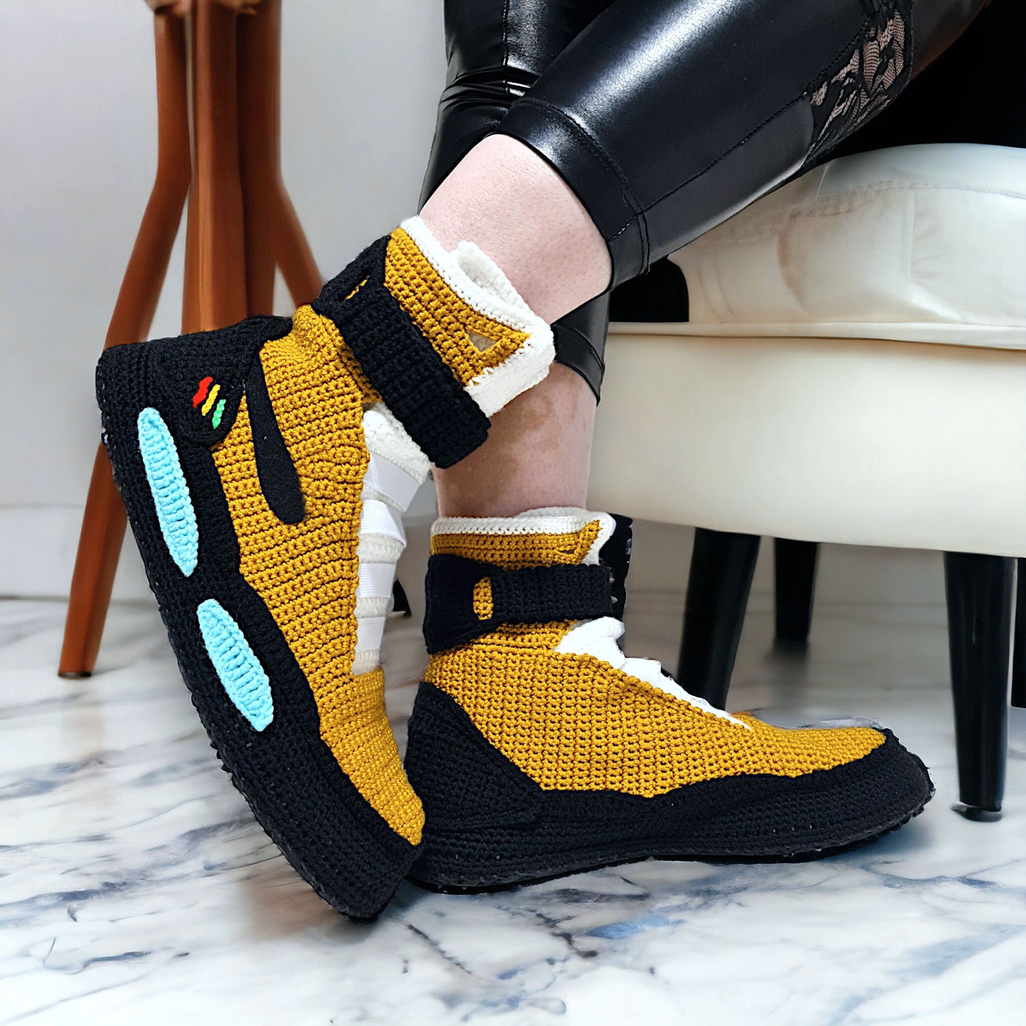Black Custom Crochet Air Mag Sneaker Slippers – Soft-Sole Edition, alternate angle and handmade details by By Seay
