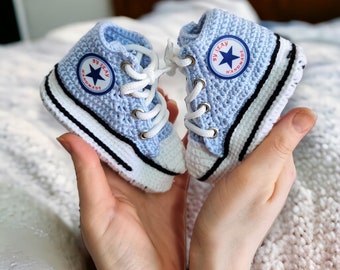 Soft Baby Blue Booties - Crochet Baby Sneakers - Knitted Newborn Shoes - Stylish Baby Shower Gift - Customizable Eco-Friendly Newborn Outfit
