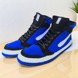 Womens crochet Jordan slippers, handmade and stylish for fans of vintage sneakers and comfy footwear.