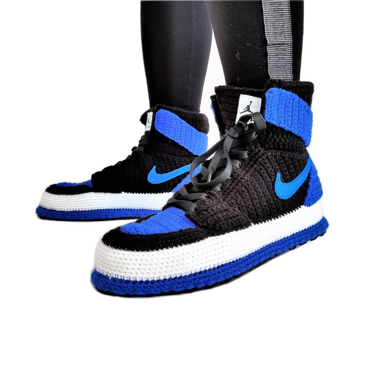 Air Jordan 1 Retro Royal Blue Home Shoes - Sneakers Basketball Crochet Slippers - Custom Knitting Handmade Jordans Plush Slippers Sneaker 