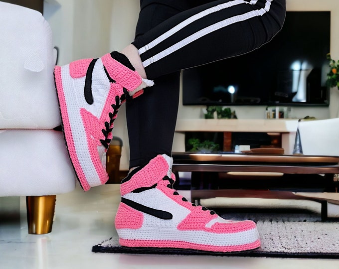 Custom Personalized Pink Jordan Style Sneakers Slippers, Crochet Plush Booties Socks, Basketball Fan, Birthday Women Gifts, Anniversary Gift
