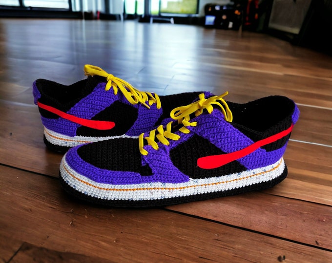 Multicolor Low Top Sneakers Slippers, Custom Purple Wool Slippers, Cute Plush Booties, Crochet Sock for Women, Colorful Shoes, Birthday Gift