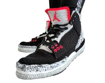 Air Jordan 3 Retro Black Crochet Home Slippers, Custom Sneakers Basketball Shoes, Knitting Indoor Soft Warm Plush Winter Bedroom Booties