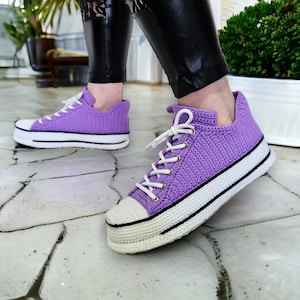 Lilac Low Top Sneakers Slippers, Custom Crochet Knitted Shoes, Personalized Gift, House Plush Booties, Retro Purple Sneakers, Womens Gifts
