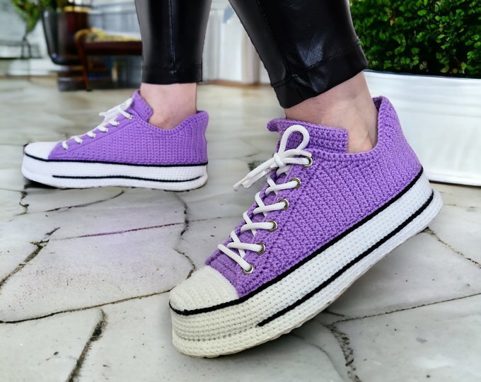 Lilac Low Top Sneakers Slippers, Custom Crochet Knitted Shoes, Personalized Gift, House Plush Booties, Retro Purple Sneakers, Womens Gifts