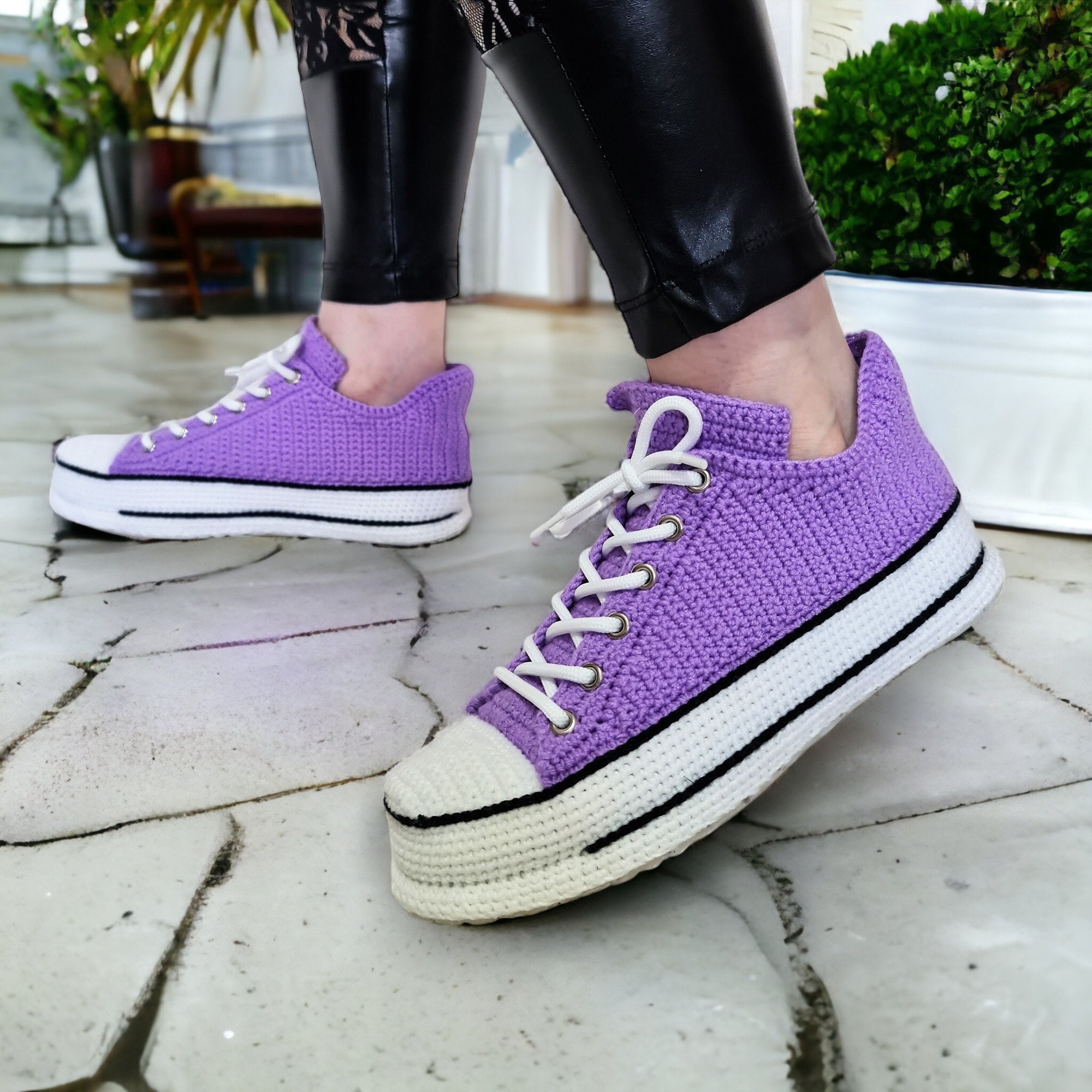 Lilac Low Top Sneakers Slippers, Custom Crochet Knitted Shoes