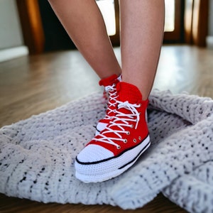 Custom Knitted Sneakers Slippers, Classic High Top Red Booties, Personalized Wool Indoor Shoes, Retro Crochet Sneaker, Custom Christmas Gift
