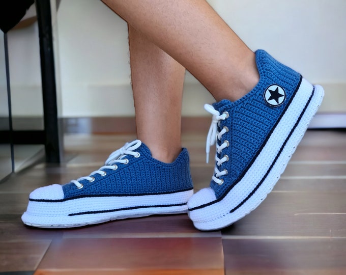 Navy Blue Crochet Sneakers, Handmade Knit Shoes, Custom Womens and Mens Gift, Cozy Canvas Slipper Booties, Perfect Present for Any Occasion
