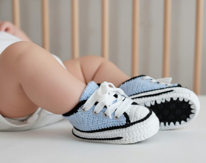 Soft Blue Crochet Baby Sneakers – Handmade Newborn & Toddler Booties