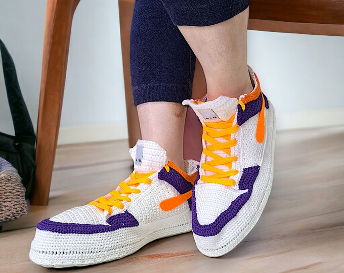 Crochet Sneaker Slippers, Custom Knitted Shoes, Basketball Culture Wear, Low Top Sneaker Purple White Booties, Retro Sneakerhead Unique Gift
