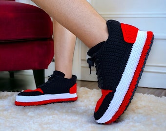 Crochet Jordan Style Slippers Black and Red Low-top Sneaker