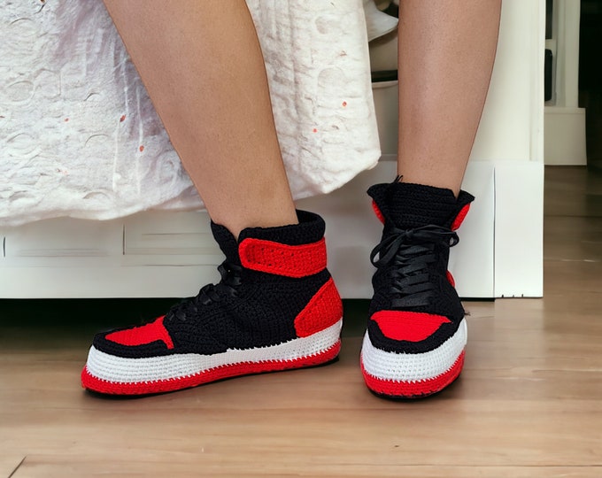 Jordan AJ1 Retro High Top Knitted Sneakers, Crochet Plush Shoes, Sneakerhead Hypebeast Outfit, Custom Plush Kicks, Basketball Booties Socks