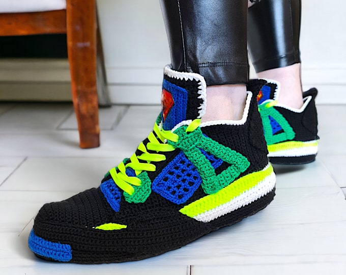 Handmade Superhero Aj4 Crochet Jordan Slippers - Colorway Custom Knitted Sneakers