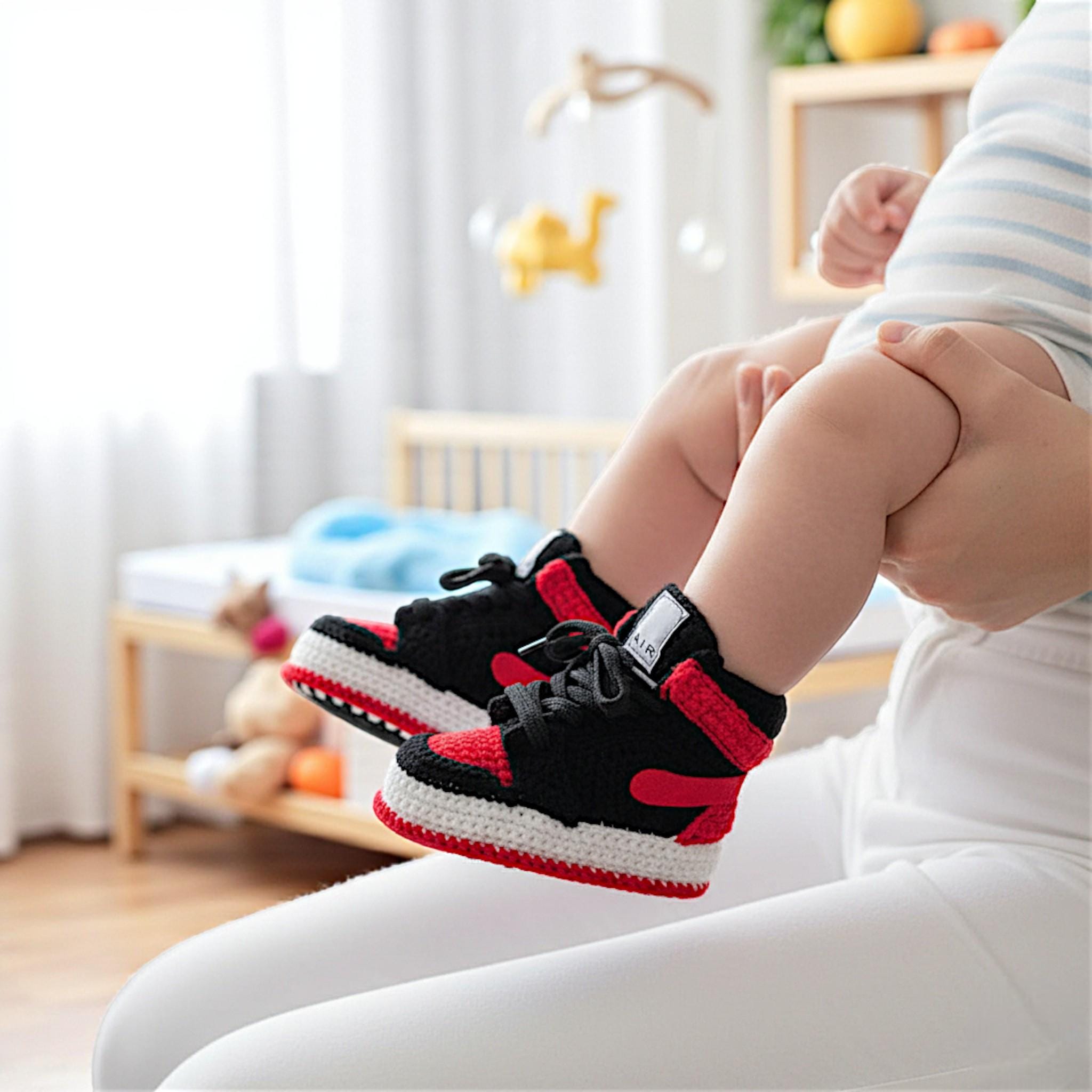 Red and Black Custom Crochet Baby Jordan Sneaker Booties – Soft-Sole Edition, alternate angle and handmade details by By Seay