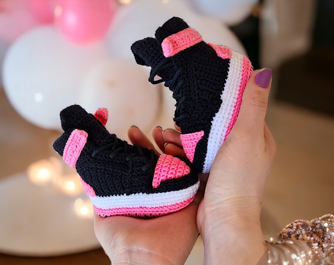 Pink Crochet Baby Jordan Style Sneaker Booties - Newborn Shoes for Baby Shower Gift - Baby Announcement or First Christmas - Gender Neutral